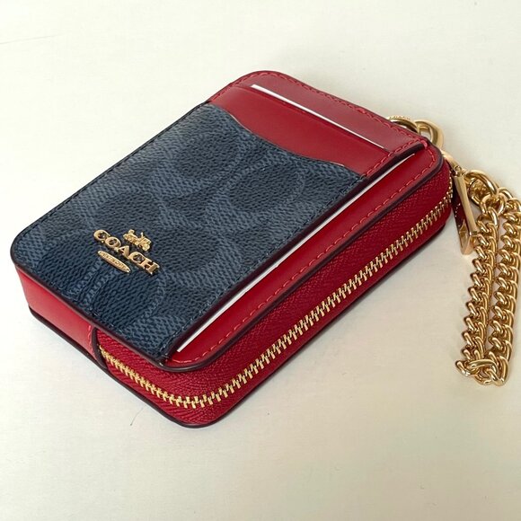 Coach Zip Card Case Wallet CW883 Blue Denim Red Canvas Chain Strap ID - Picture 3 of 6